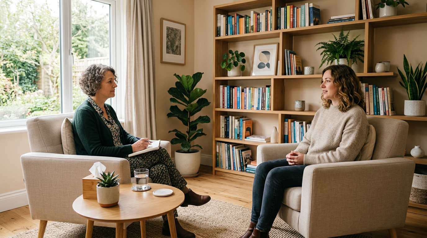 Two women in a warm therapy consultation room for dual diagnosis addiction and mental health treatment
