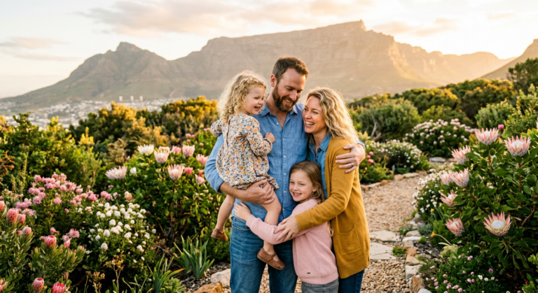A family embracing joyfully in a sunlit Cape Town garden with proteas and Table Mountain during addiction recovery