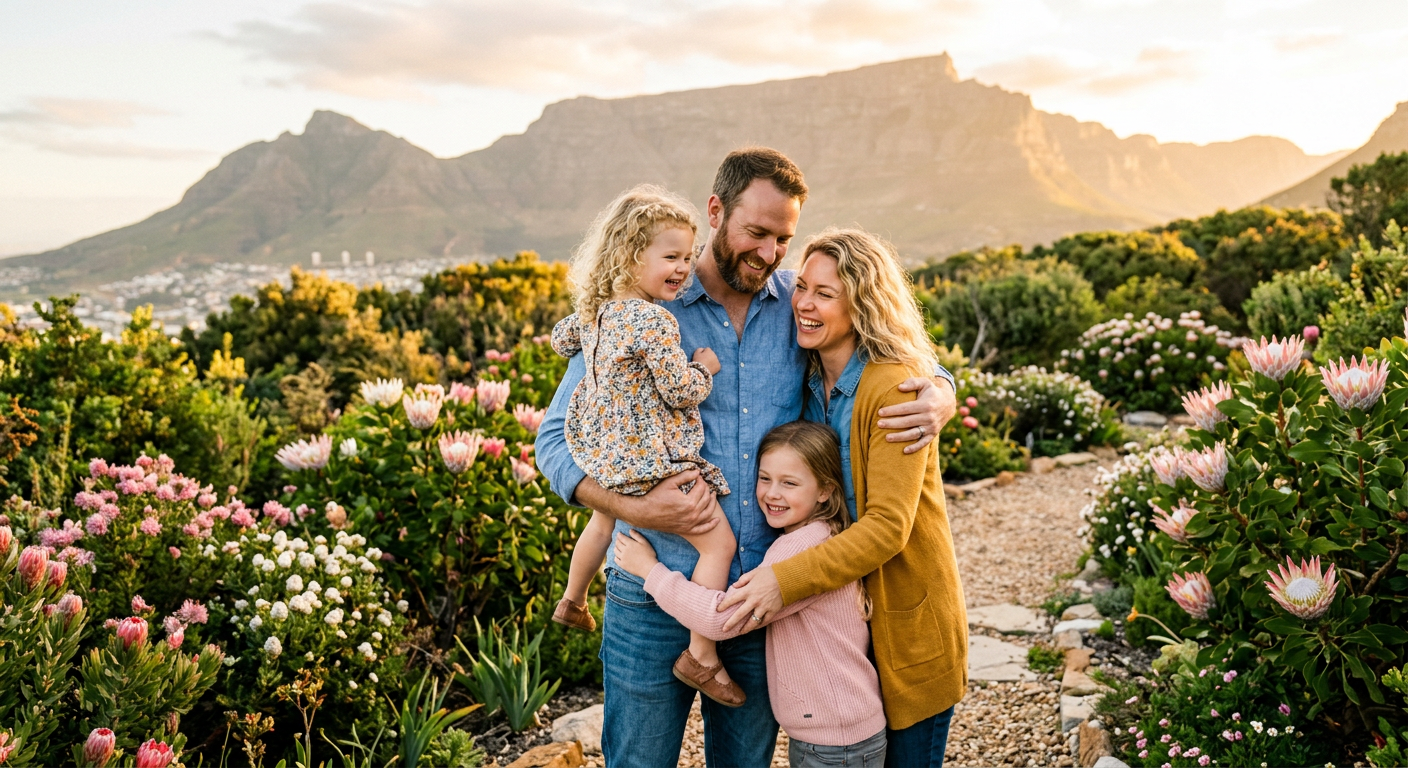 A family embracing joyfully in a sunlit Cape Town garden with proteas and Table Mountain during addiction recovery